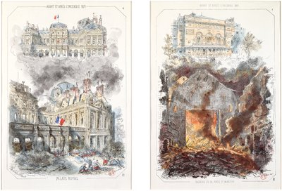 A Palais Royal és a Theater de la Porte Saint-Martin az 1871-es tűzvész előtt és után alkotó: Victor after Coindre